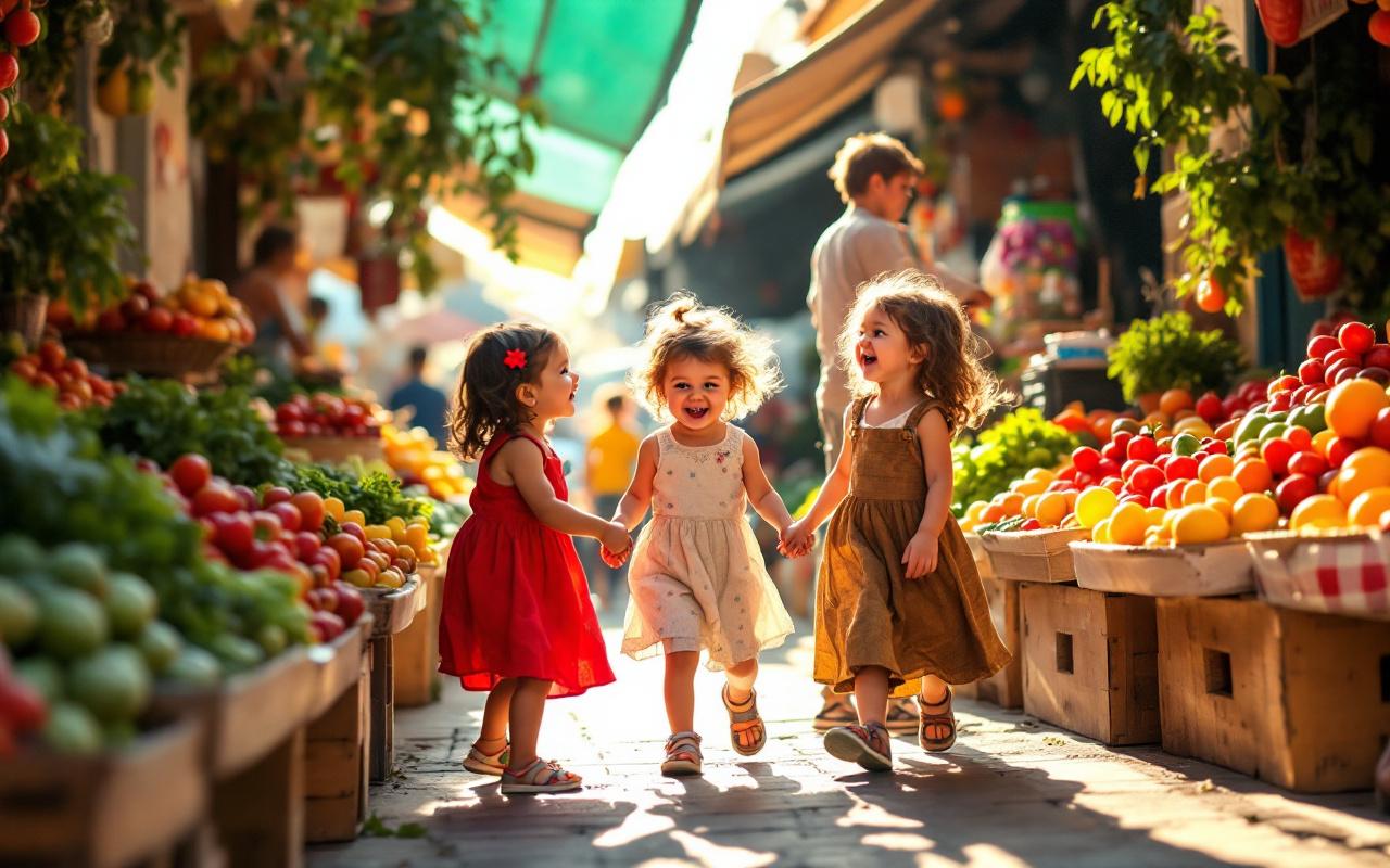 Des enfants jouant joyeusement dans un marché local, entourés de fruits et légumes frais, avec des sourires sur leurs visages, dans une ambiance ensoleillée et vive.