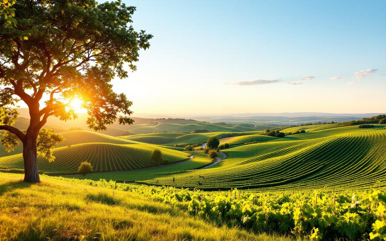 Des paysages de vignobles magnifiques dans le sud de la France, avec des collines ondulantes, des vignes vertes vibrantes et une lumière dorée au coucher du soleil.