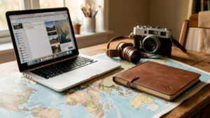 Bureau de créateur de voyage élégant avec ordinateur, carte du monde, appareil photo et carnet en cuir sur une table, éclairage naturel doux.