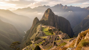 Vue panoramique réaliste d’un itinéraire péruvien entre montagnes andines, terrasses incas et brume amazonienne sous une douce lumière matinale.