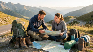 Un homme et une femme préparent un road trip devant une grande carte, entourés de sacs à dos et de matériel de voyage, avec un paysage montagneux en arrière-plan.