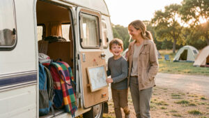 Une femme et un garçon de quatre ans explorent un van aménagé lors d’un voyage familial, dans un camping à la campagne baigné par la lumière du matin.
