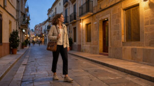 Une voyageuse seule portant un petit sac se tient devant un hôtel lumineux dans une rue du centre de Palma de Majorque au début de la soirée.